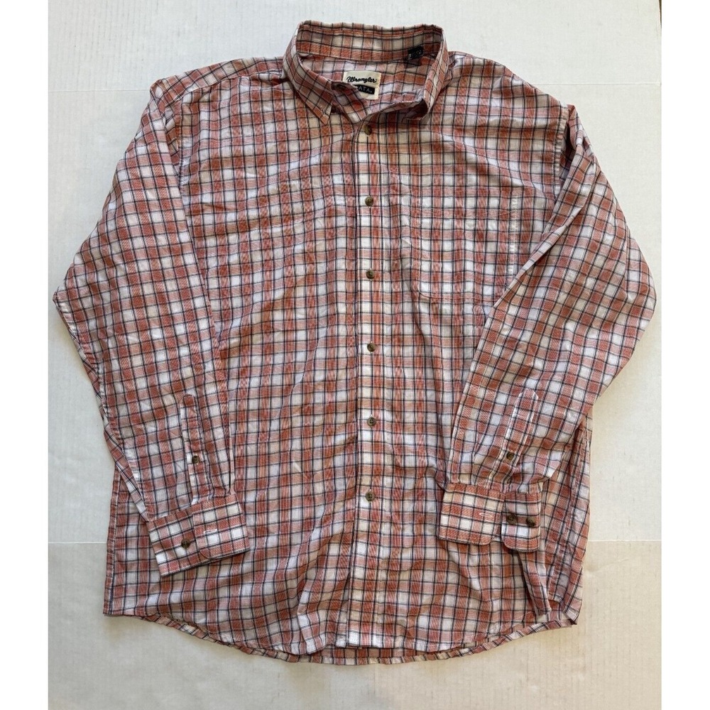 Warangle Riata Shirt Men's XL Orange Beige Plaid Cotton Long‎ Sleeve Button-Up